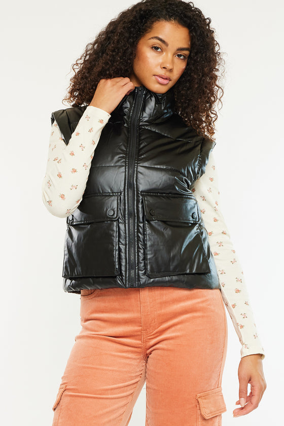 Obsidian Cropped Faux Leather Puffer Vest