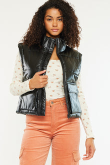  Obsidian Cropped Faux Leather Puffer Vest