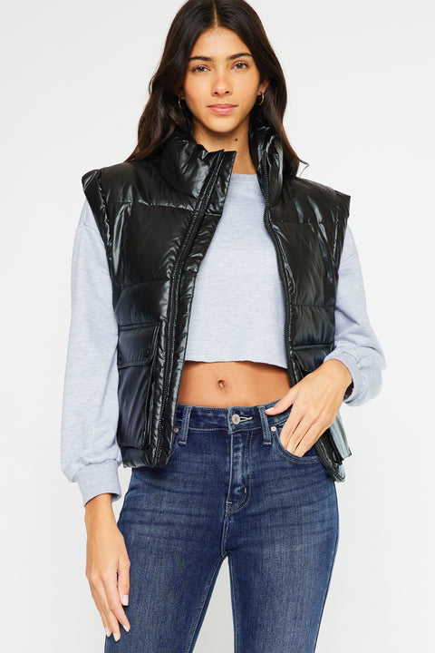 Obsidian Cropped Faux Leather Puffer Vest - Official Kancan USA